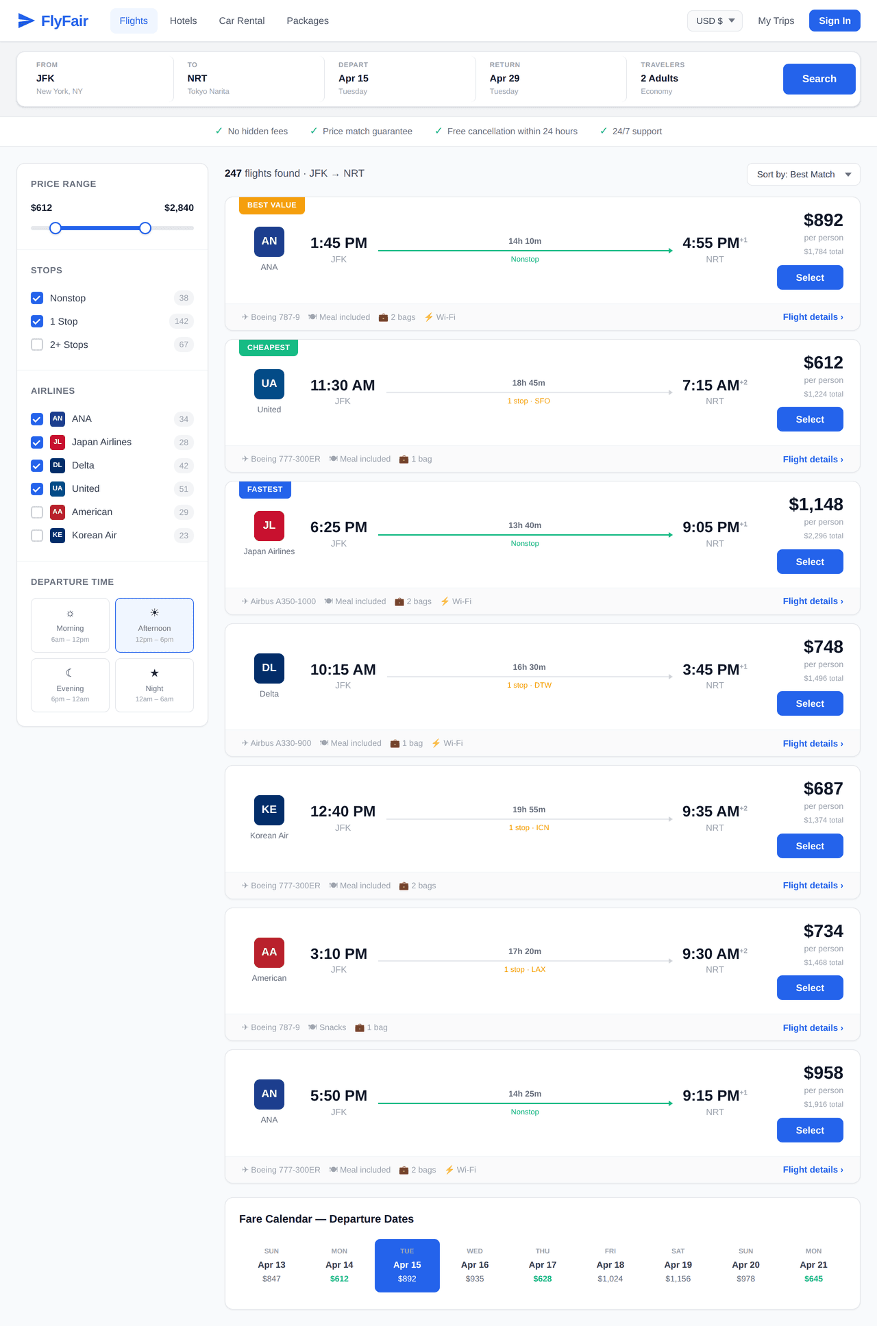Flight Booking & Search Results Page