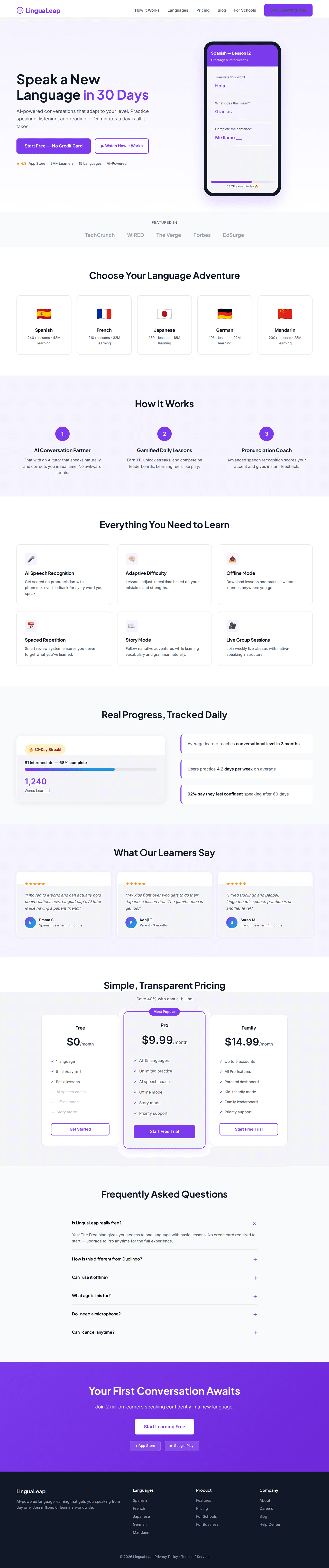 Language Learning App Landing Page
