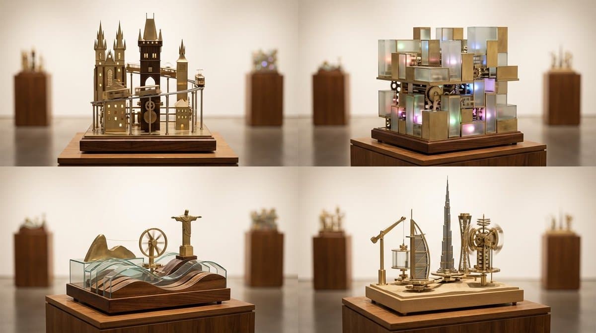 Kinetic City Sculptures in a Museum Gallery