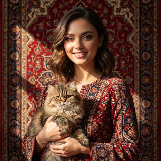 Persian Girl Portrait with Cat and Carpet Background