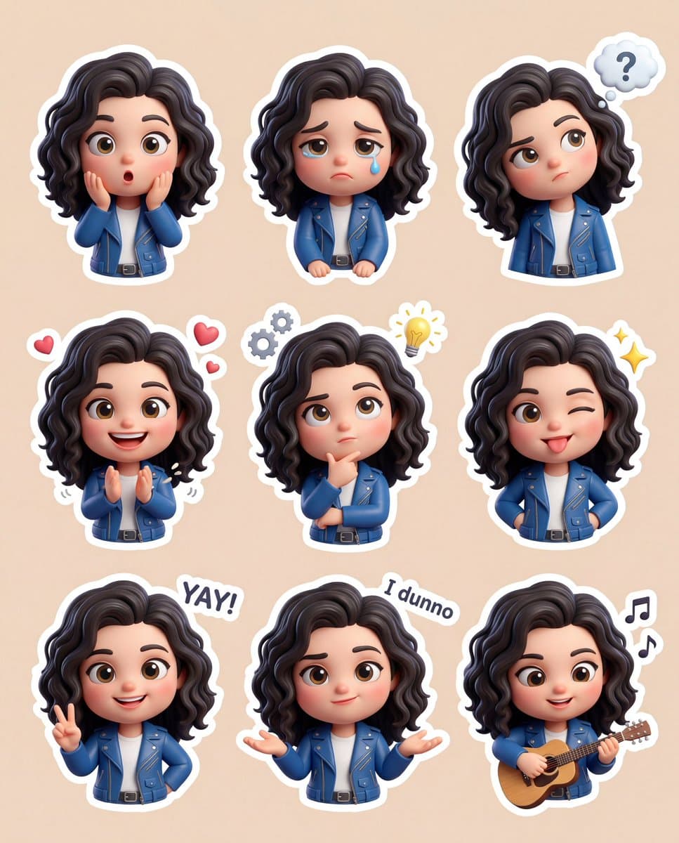 Cute 3D Chibi Character Sticker Set with Various Poses