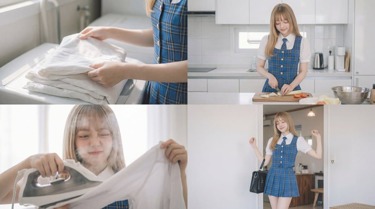 Woman doing housework, natural light, cinematic profile
