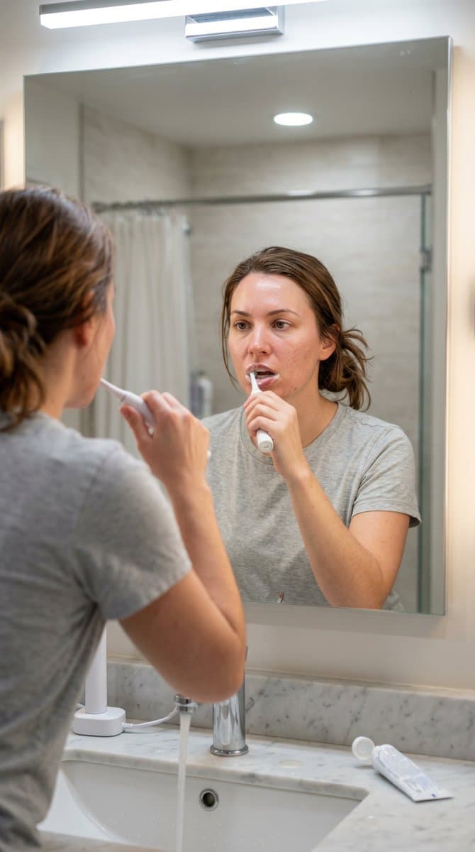 Photorealistic Bathroom Mirror Scene: Brushing Teeth