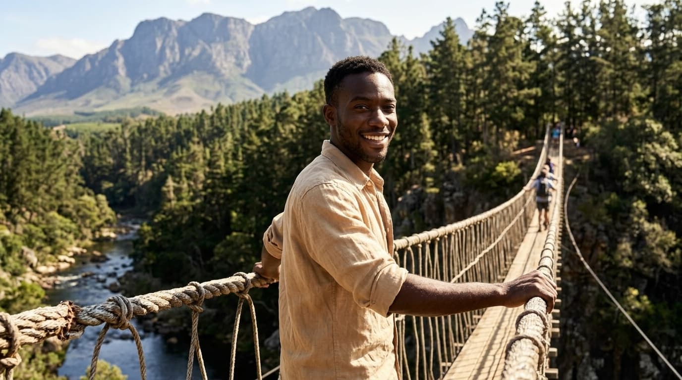 Person on Rope Bridge Smiling at Camera