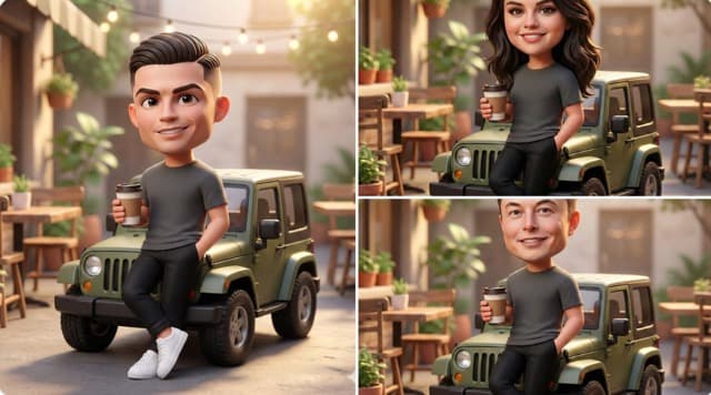 Cute 3D Chibi Character in Cafe Courtyard