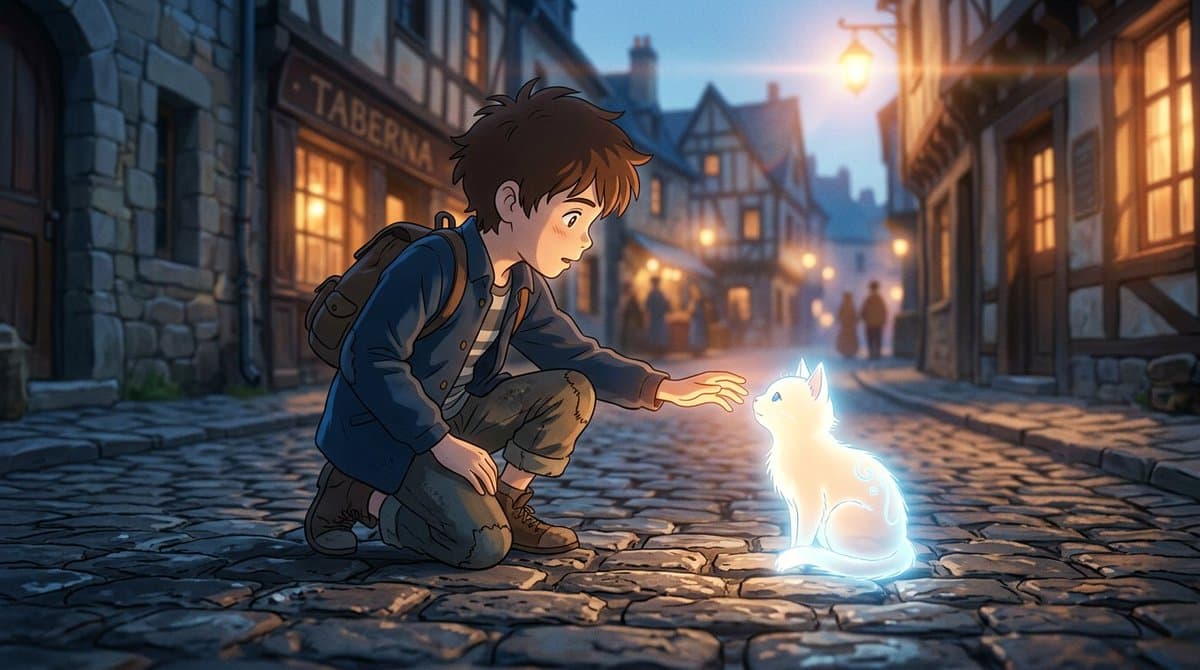 Anime Boy with Spirit Cat in European Alley