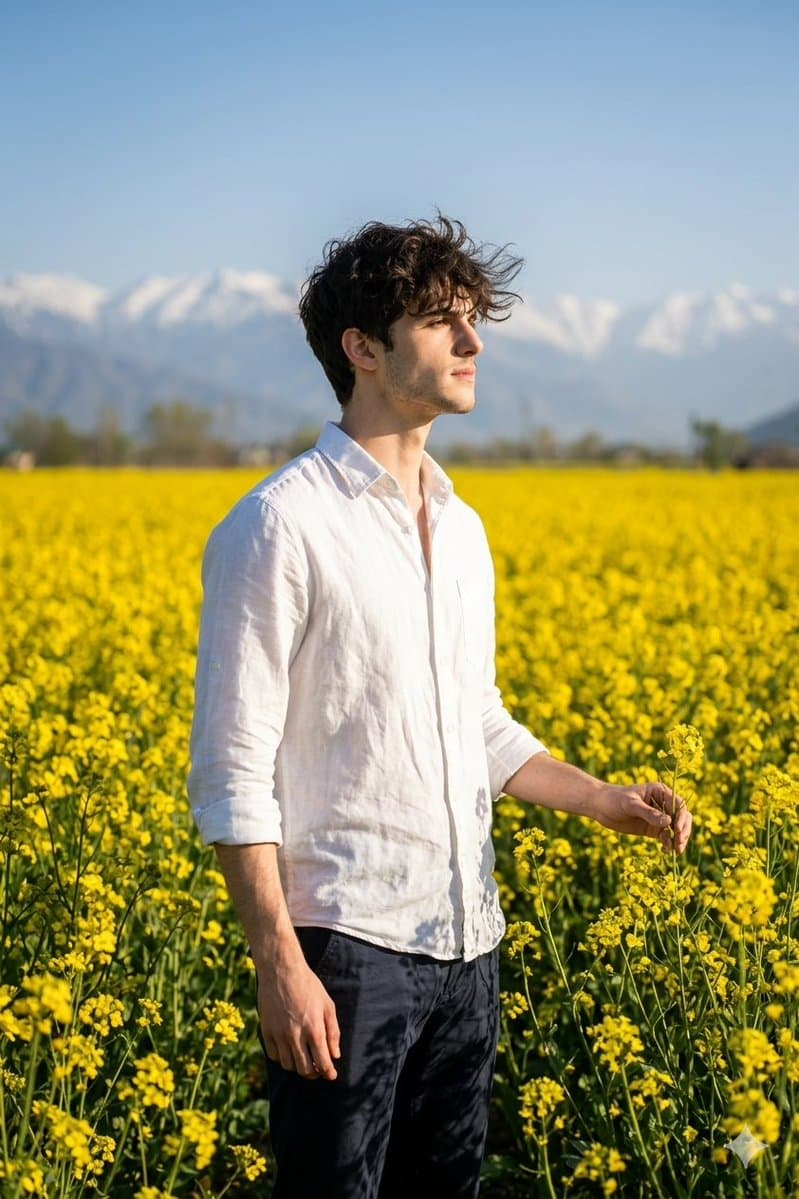 Young Man in Kashmir Mustard Field, Cinematic Portrait