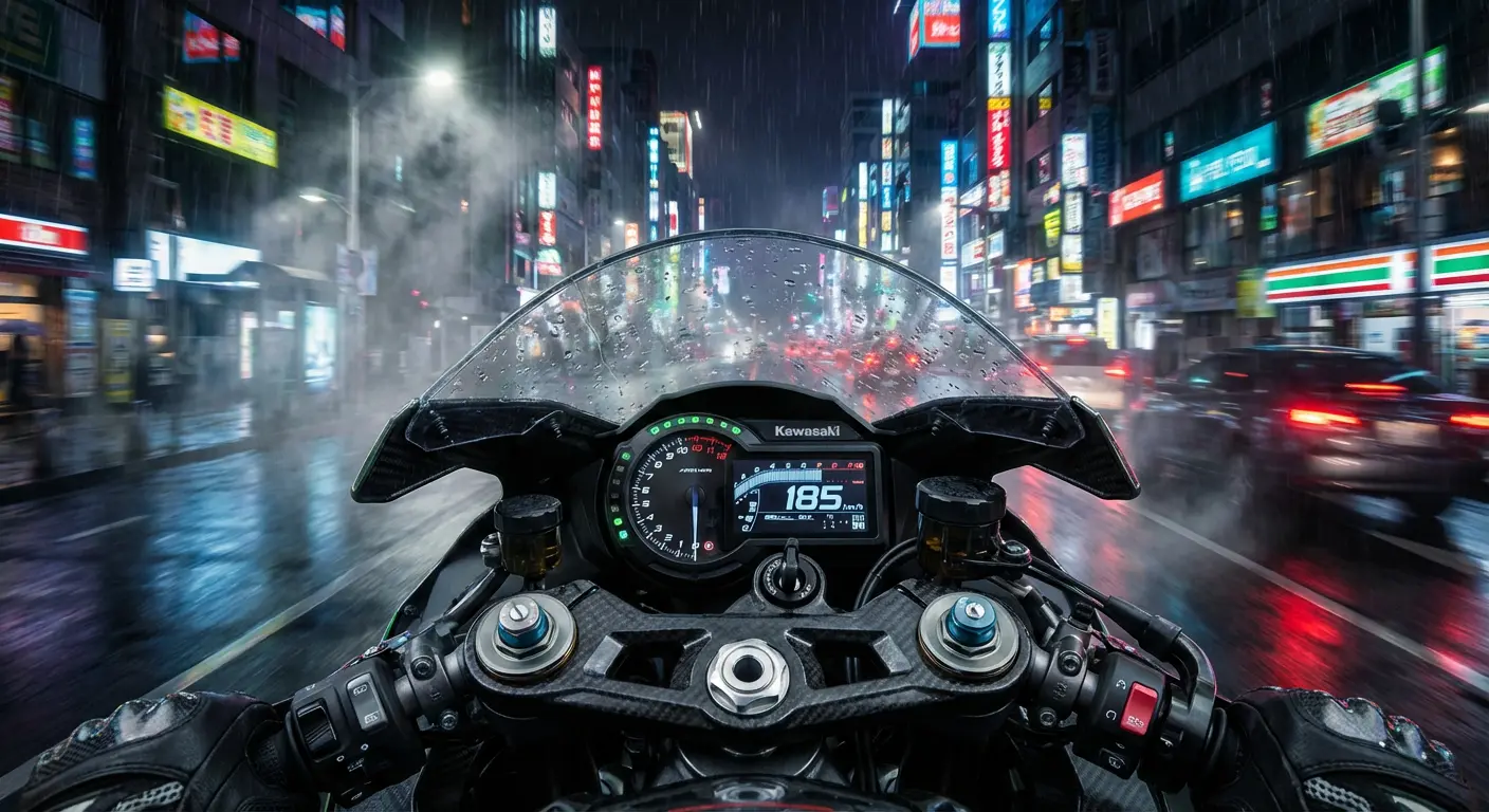 Motorcycle POV Night Ride in Wet Metropolis