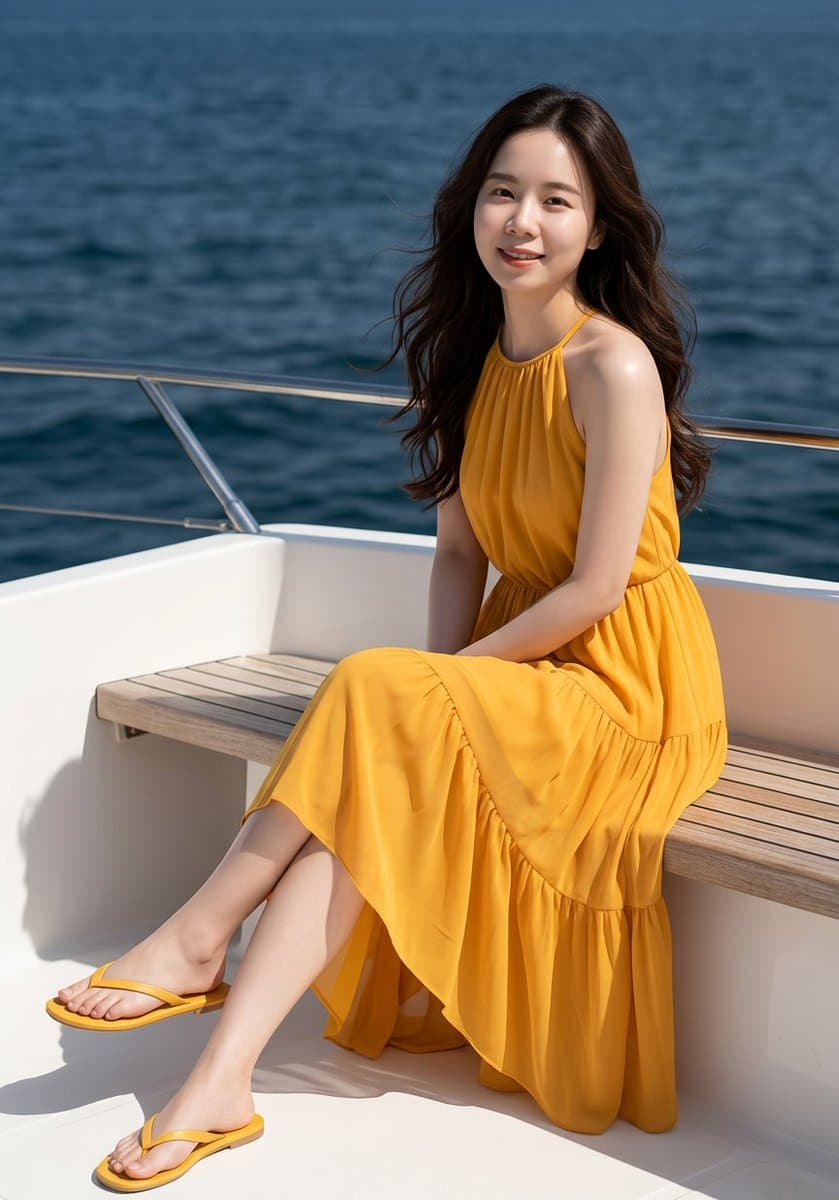East Asian Woman on Yacht, Marigold Dress, Low Angle