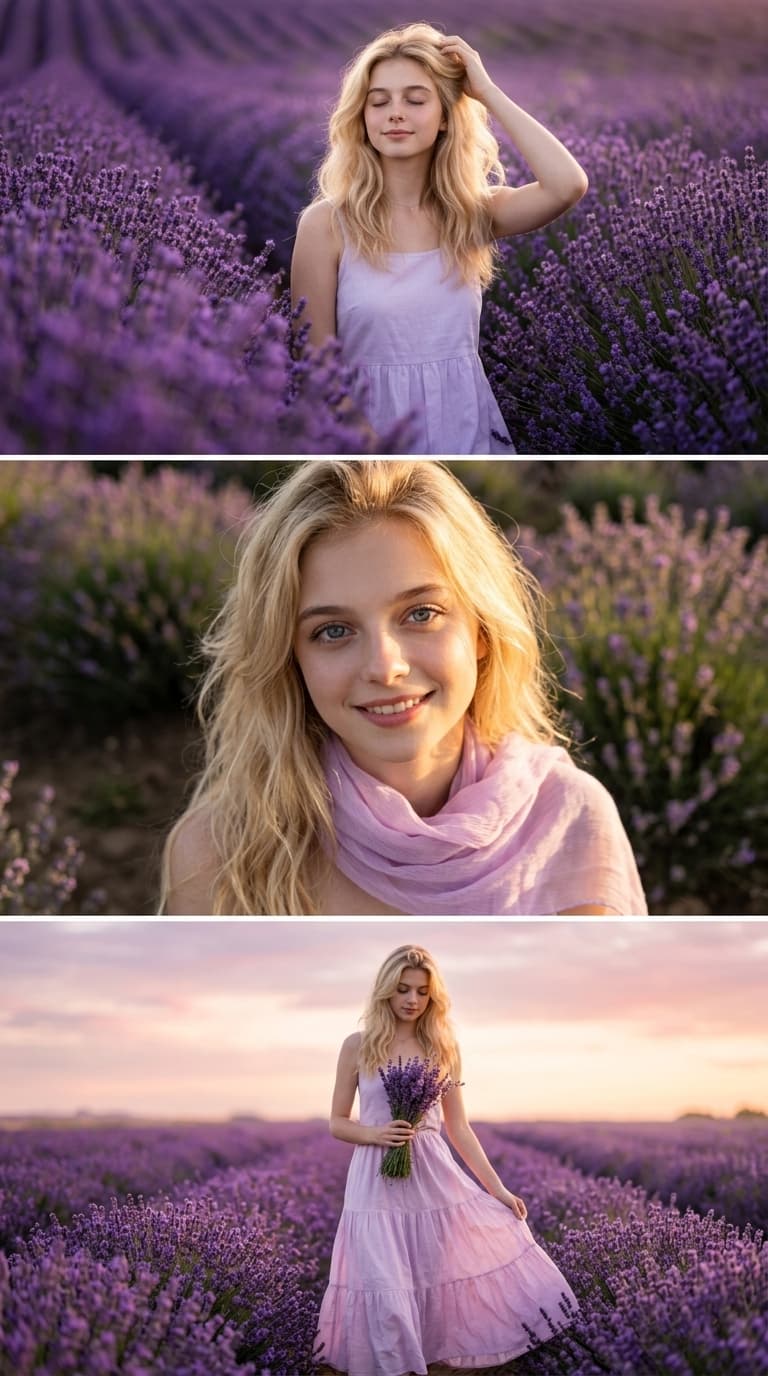 Woman in Lavender Field Triptych at Sunrise