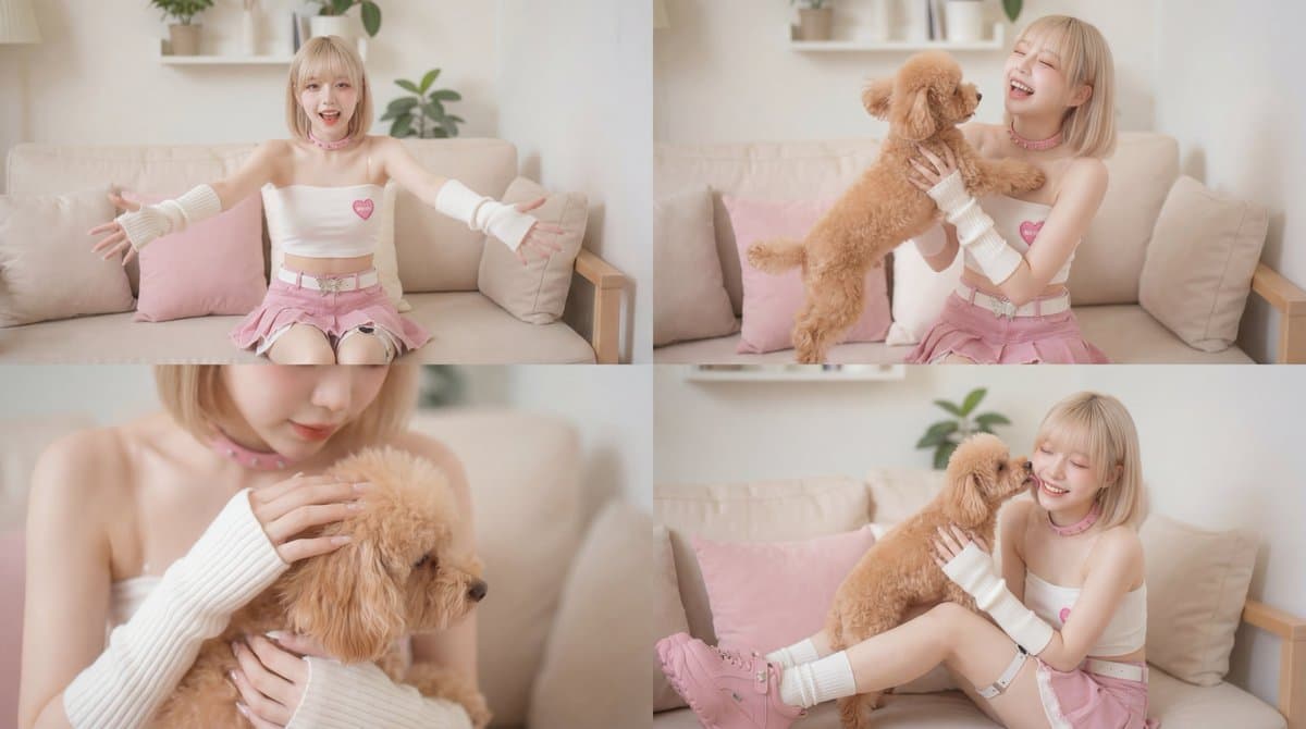 Person embracing a toy poodle in cinematic lighting