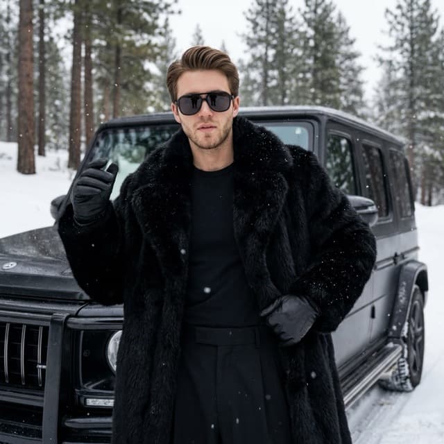 Man in Fur Coat by G-Wagon in Snowy Landscape