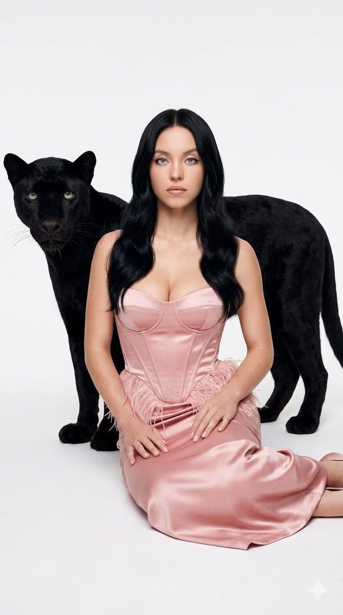 Portrait of a Woman with Black Panther in White Studio