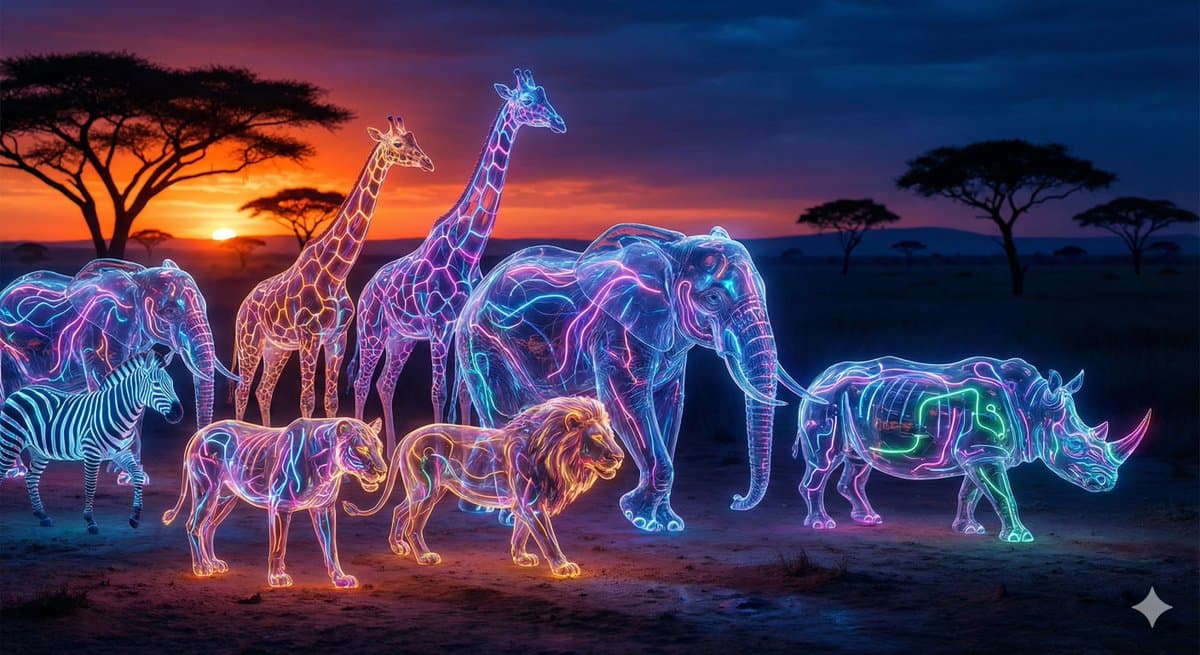 Surreal Neon Glass Creatures in African Savannah