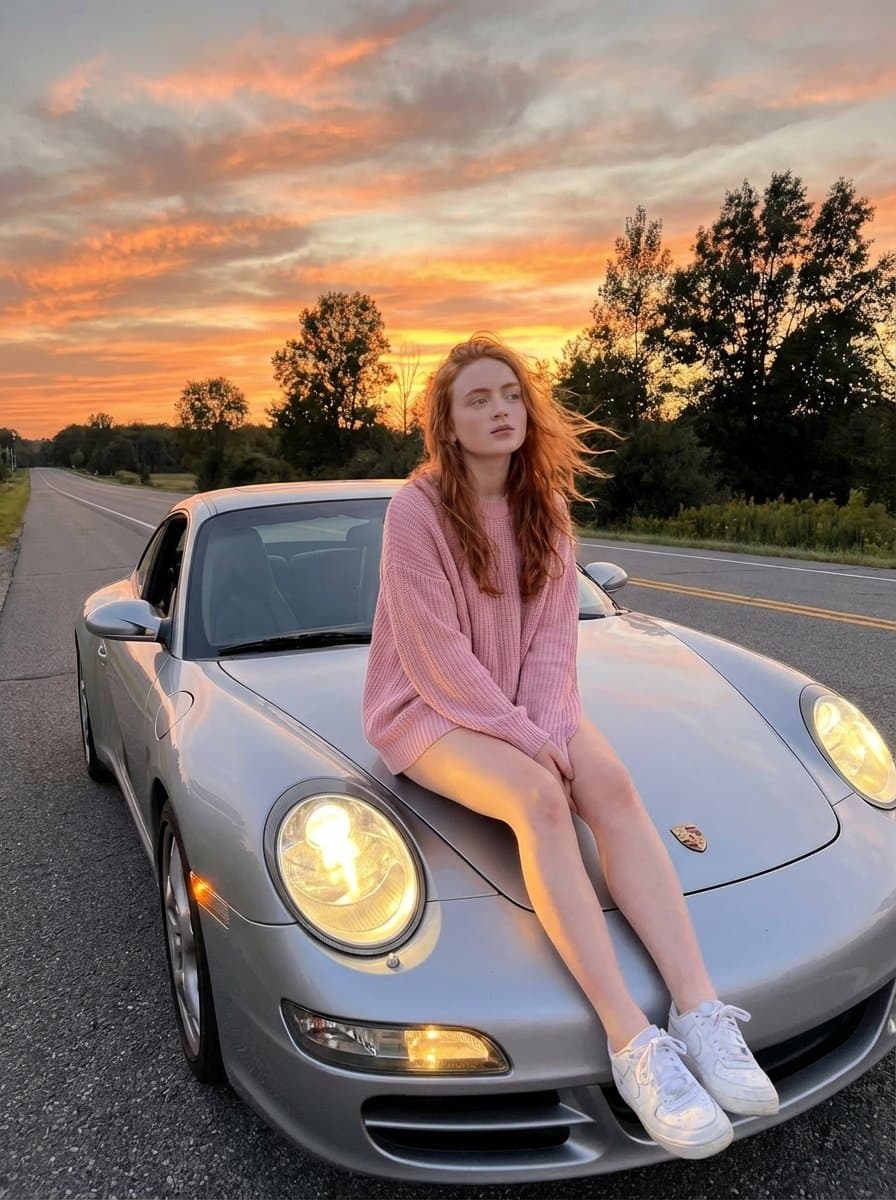 Cinematic Sunset Lifestyle Photo with Sports Car