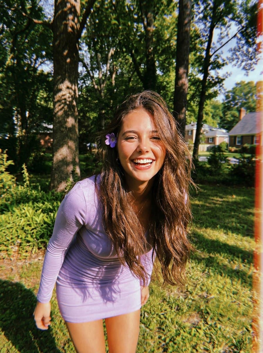 Joyful Woman in Sunlit Garden, Vintage Aesthetic