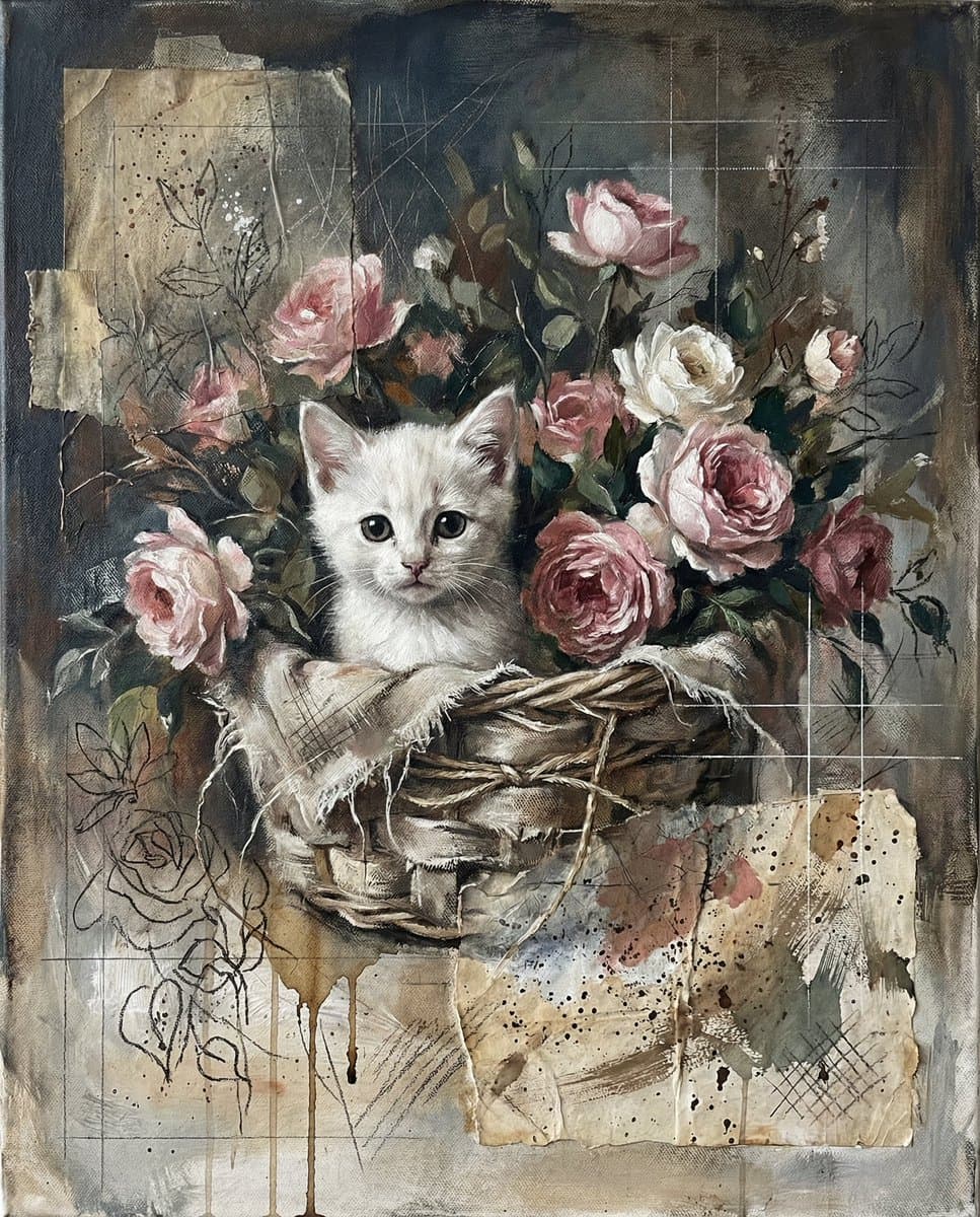 Kitten in a Basket of Roses, Painterly Style
