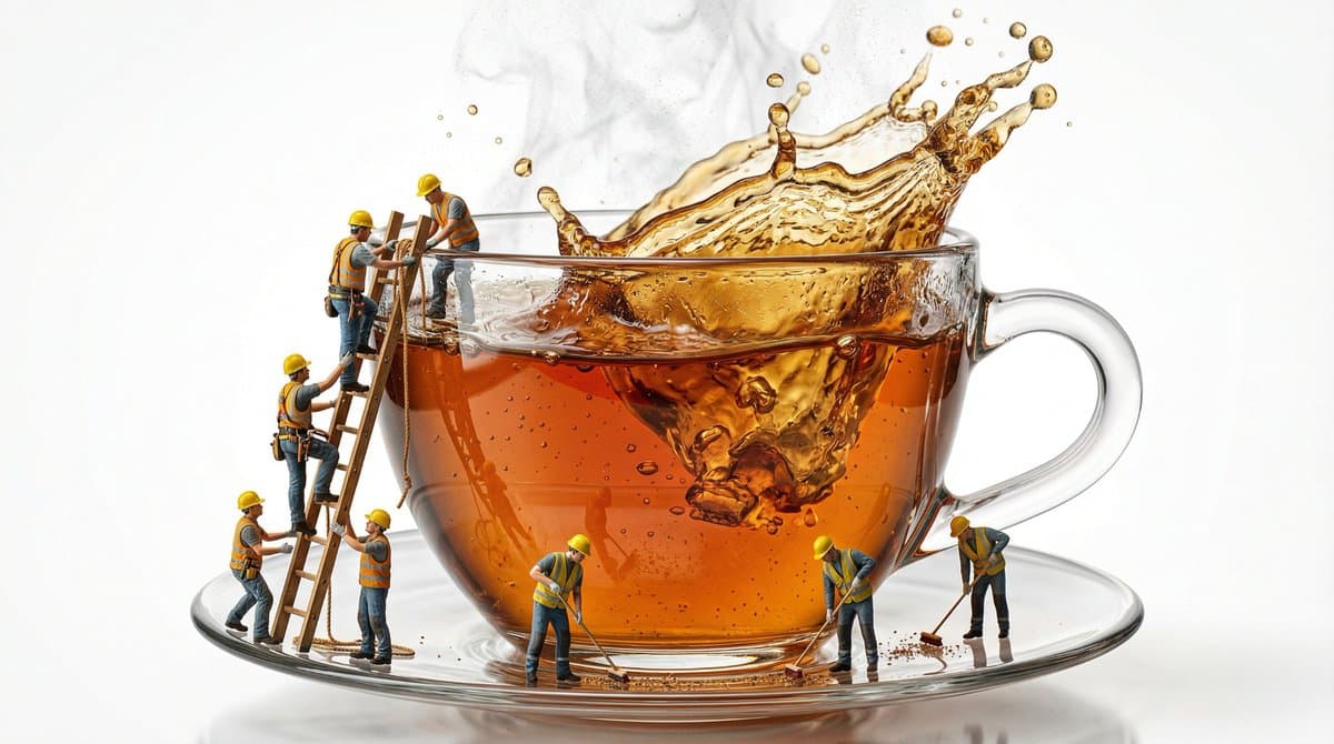 Giant Teacup Product Shot with Tiny Construction Workers
