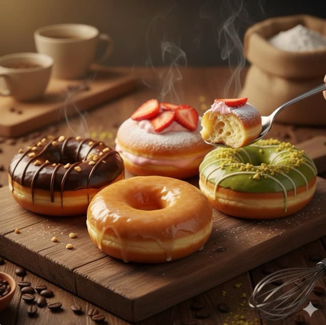 Gourmet Donuts on Rustic Wooden Board, Close-Up