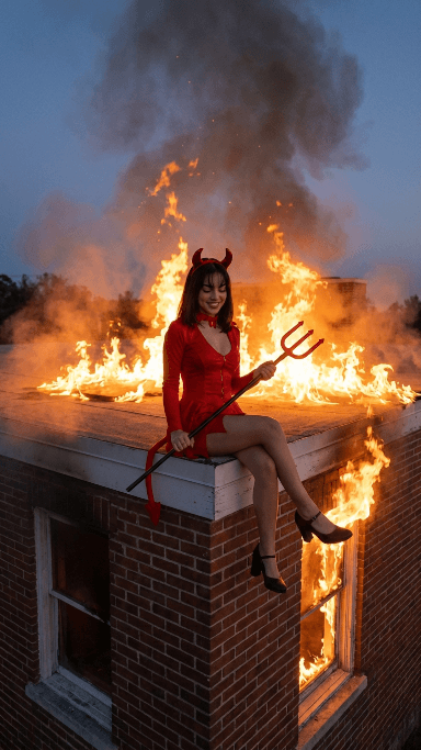 Devil Woman on Burning Rooftop at Dusk