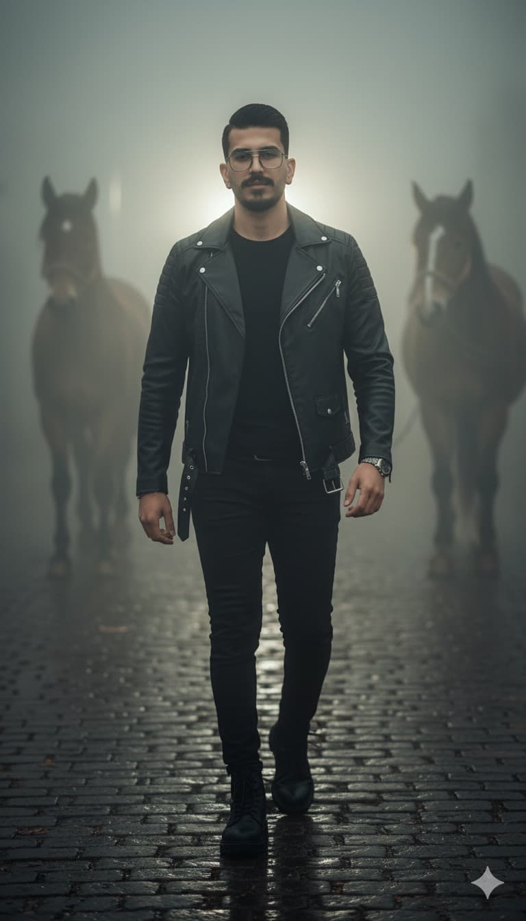 Man in Leather Jacket Walking in Fog with Horses