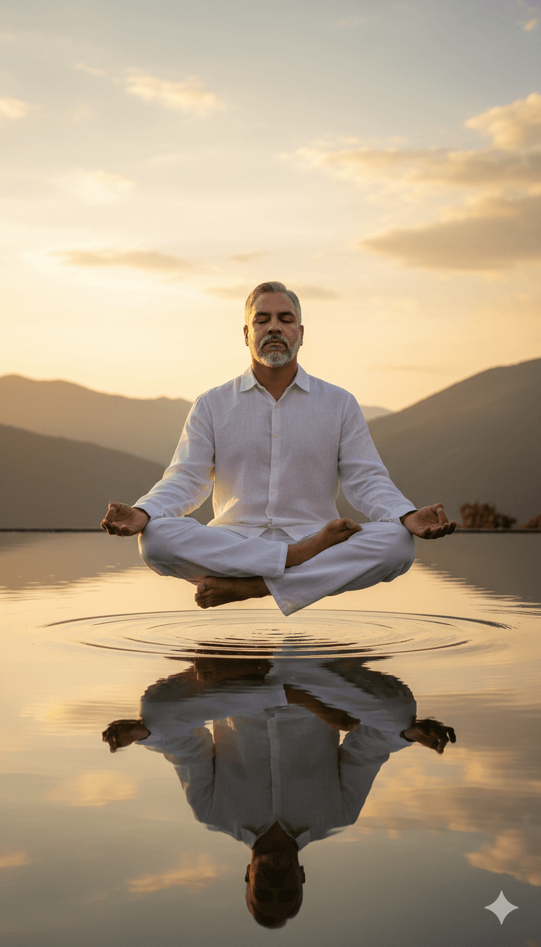 Meditating Man on Water at Sunset
