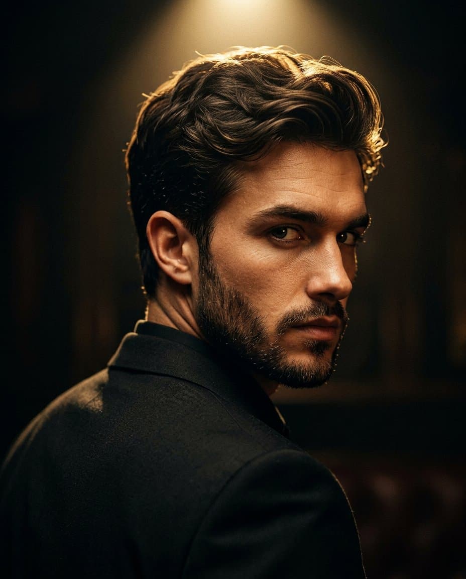 Cinematic Portrait of Man in Black Suit with Spotlight
