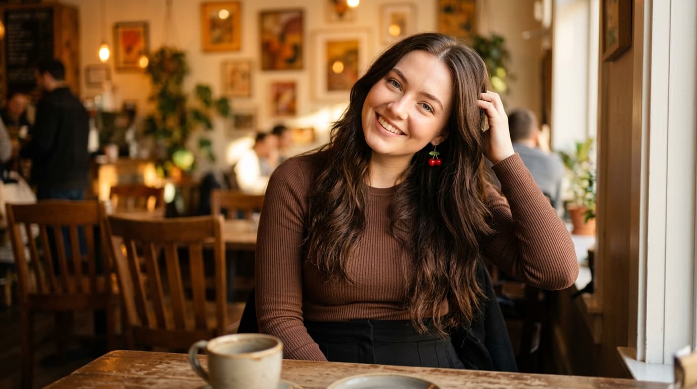 Smiling Woman in Cafe, Golden Hour Portrait