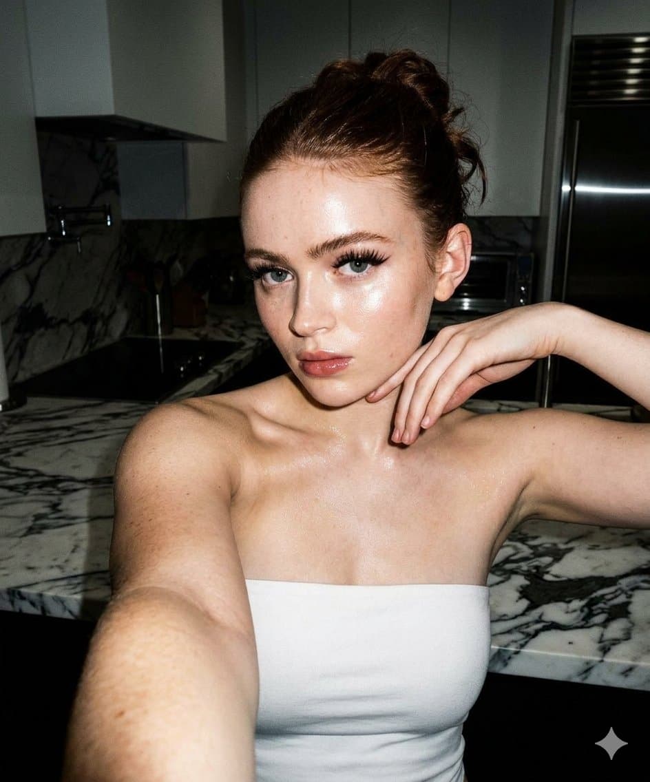 Woman taking a selfie in a modern kitchen
