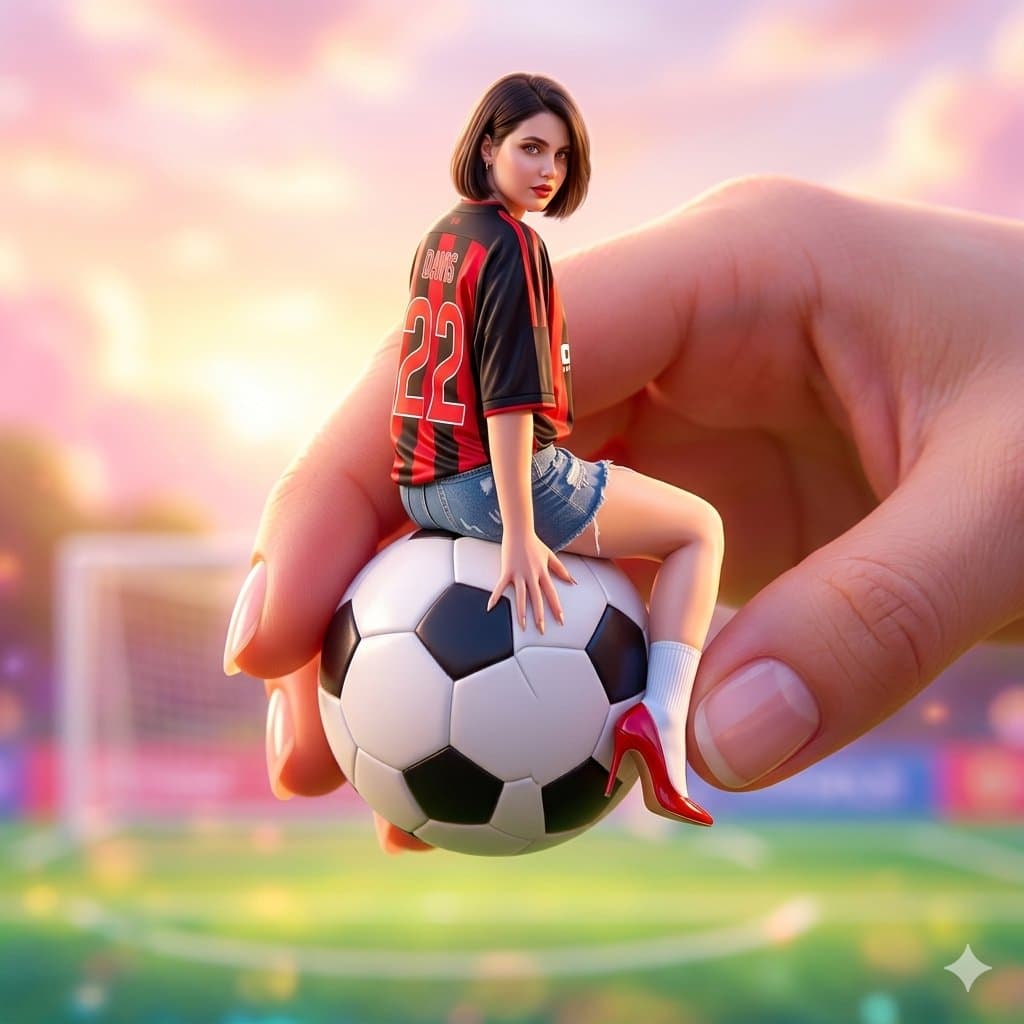 Miniature Girl on Giant Soccer Ball, Surreal Scene
