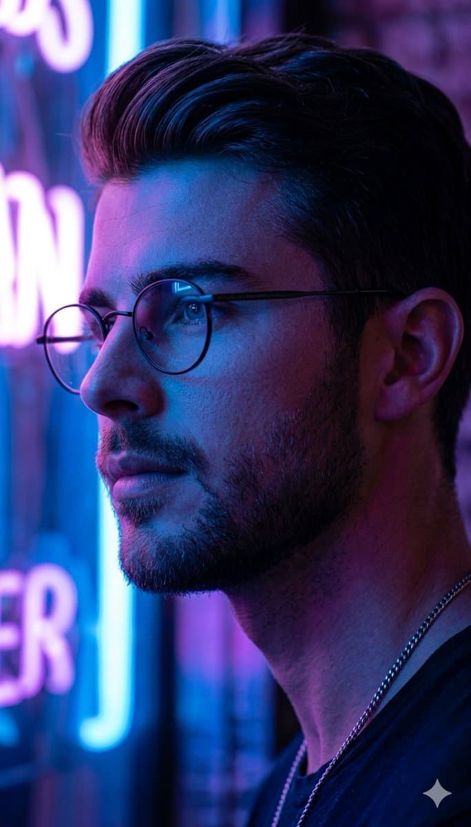 Cinematic Portrait of Thoughtful Man with Neon Lighting