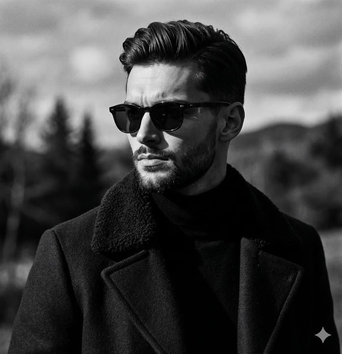 Dramatic Black and White Male Portrait with Shearling Coat
