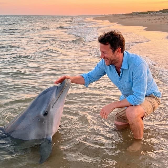 Person kneeling at shore touching a dolphin