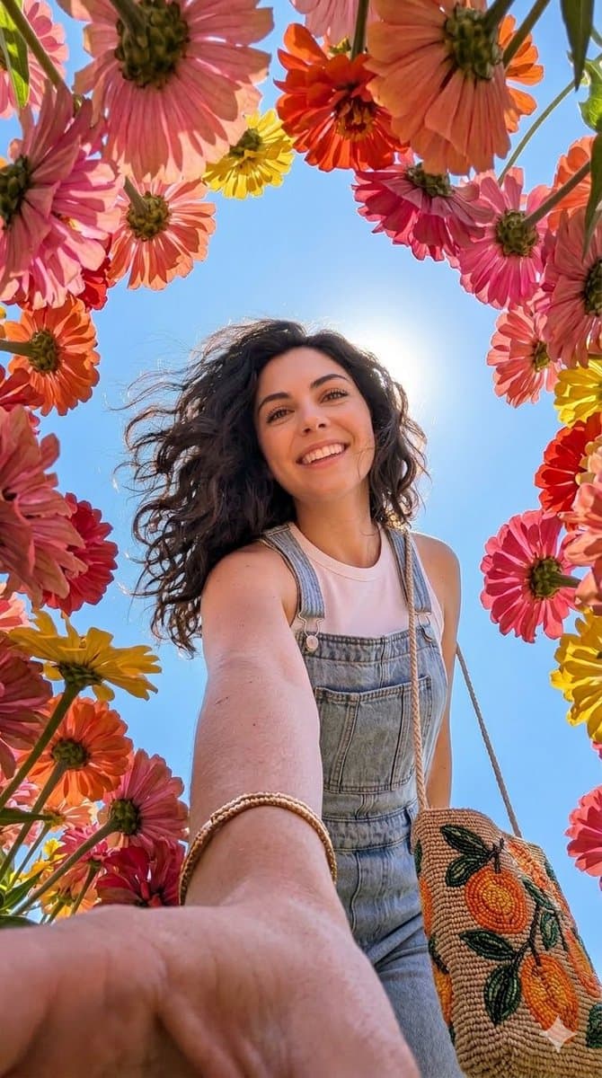 Smiling Woman in Flower Canopy, Smartphone Photo Style