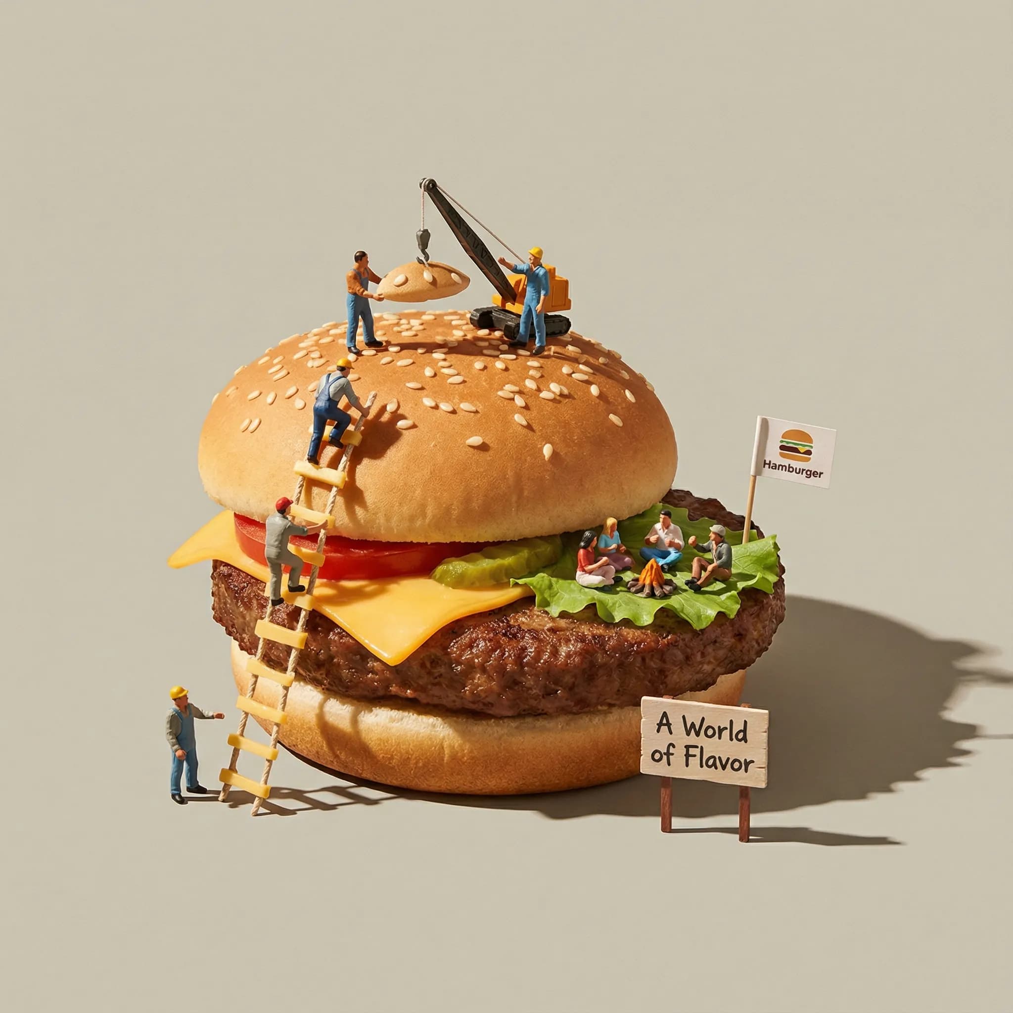 Miniature Surreal Scene with Hamburger Product