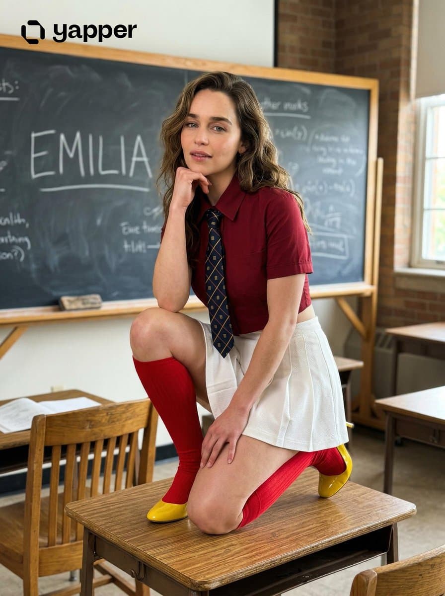 Emilia Clarke in Schoolgirl Outfit, Classroom Setting
