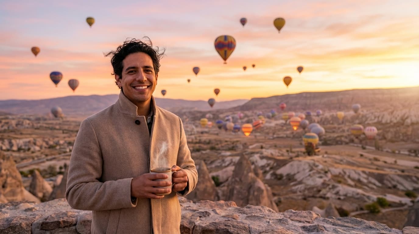 Sunrise with Hot Air Balloons and Smiling Person