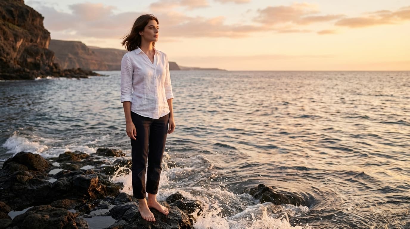 Cinematic Portrait on Volcanic Beach at Golden Hour