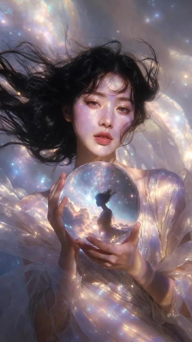Ethereal Haute Couture Portrait with Cosmic Sphere