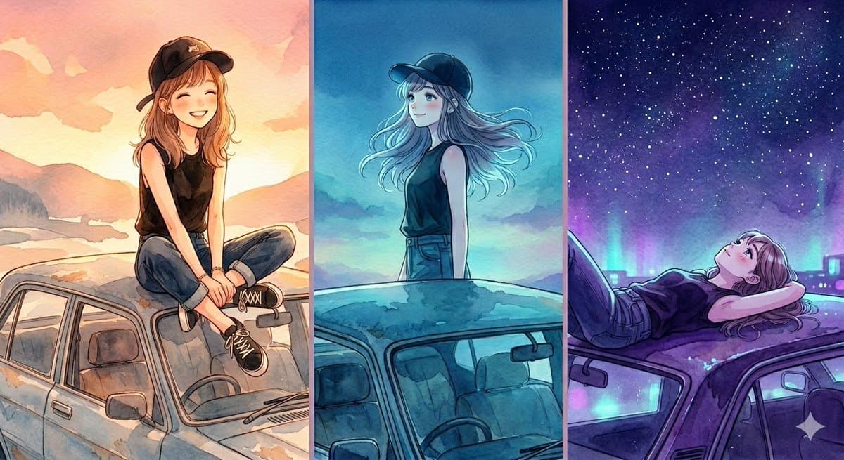 Anime Girl on Car Roof: Three-Panel Watercolor