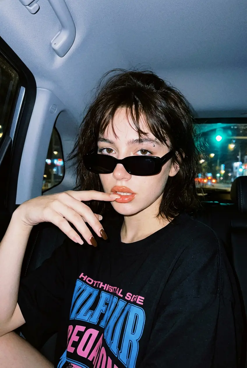 Edgy Young Woman in Car at Night