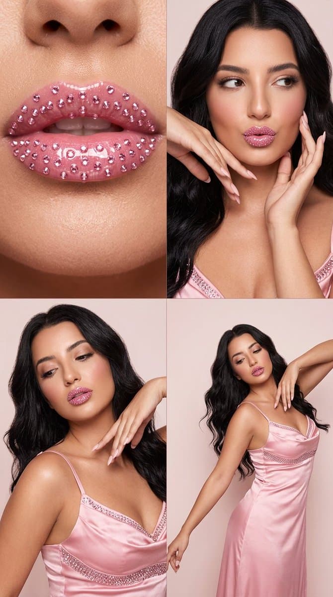 Glamorous Rhinestone Lips Beauty Editorial Grid