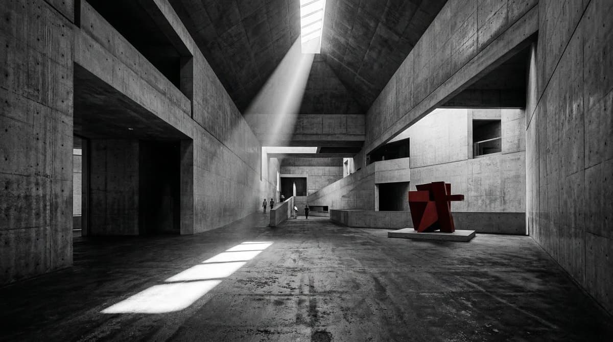 Brutalist Concrete Museum Interior with Accent Sculpture