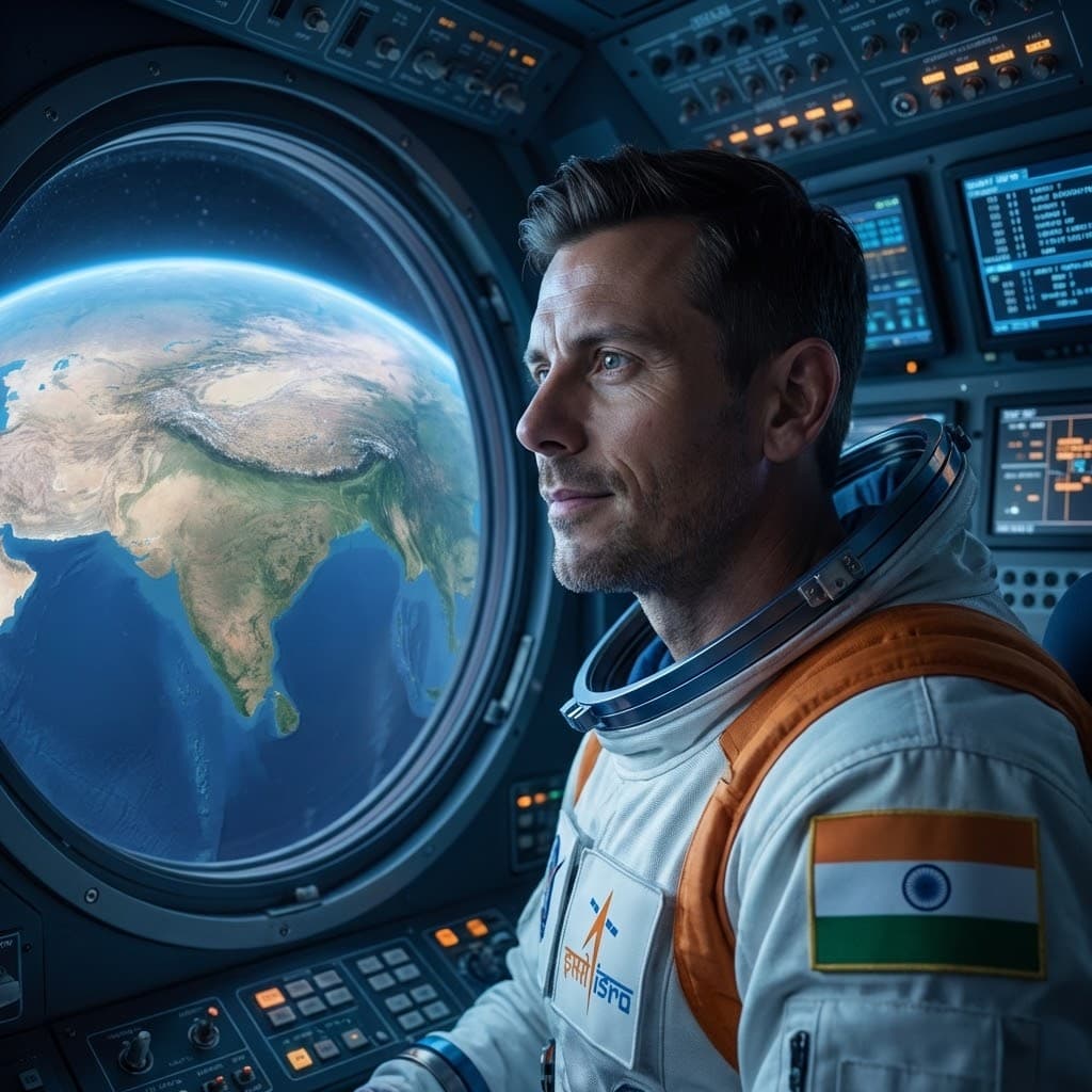 Astronaut in Indian Spacecraft Looking at Earth