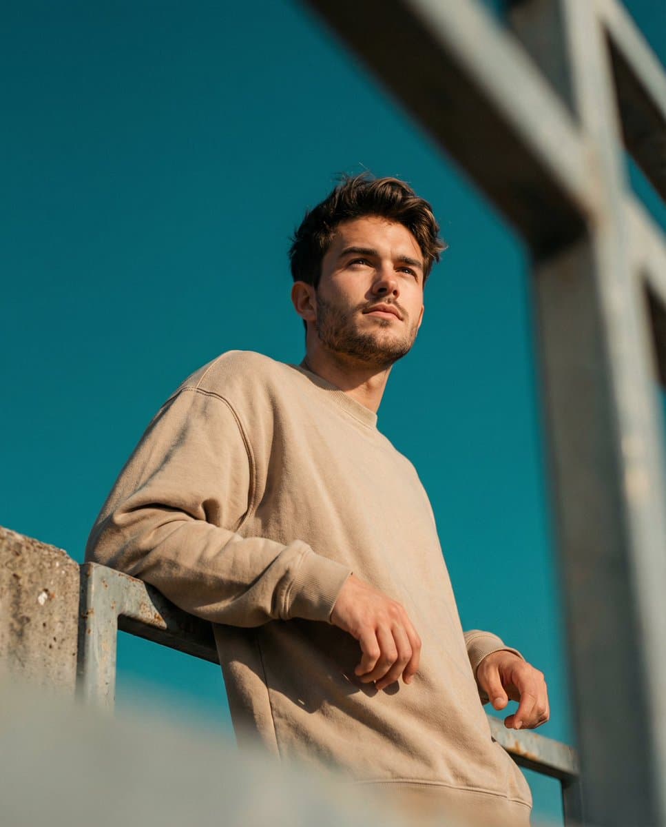 Cinematic Low-Angle Portrait with Teal Sky