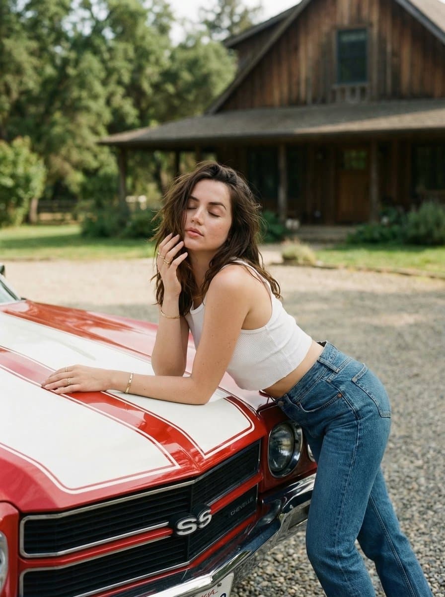 Woman Leaning on Vintage Car, Cinematic Portrait
