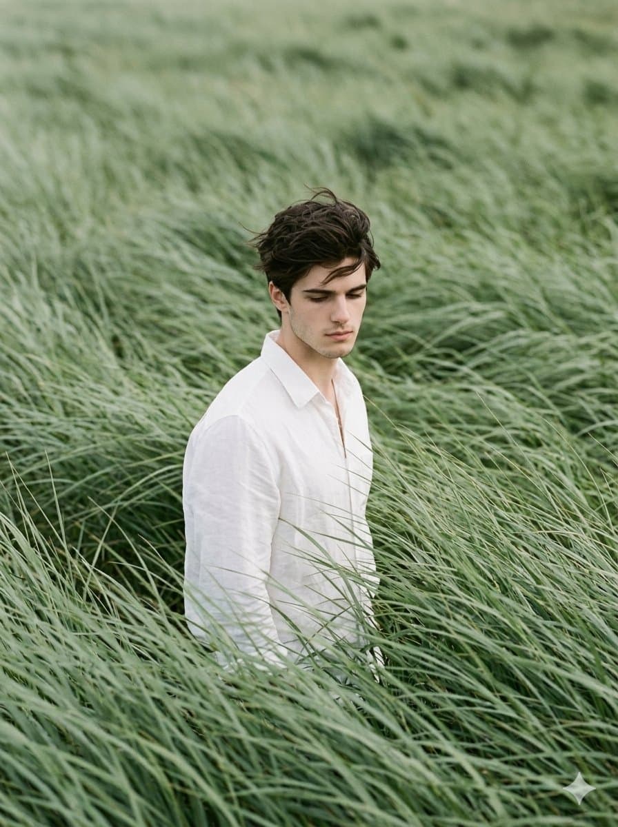 Cinematic Editorial Portrait in Sage Green Fields