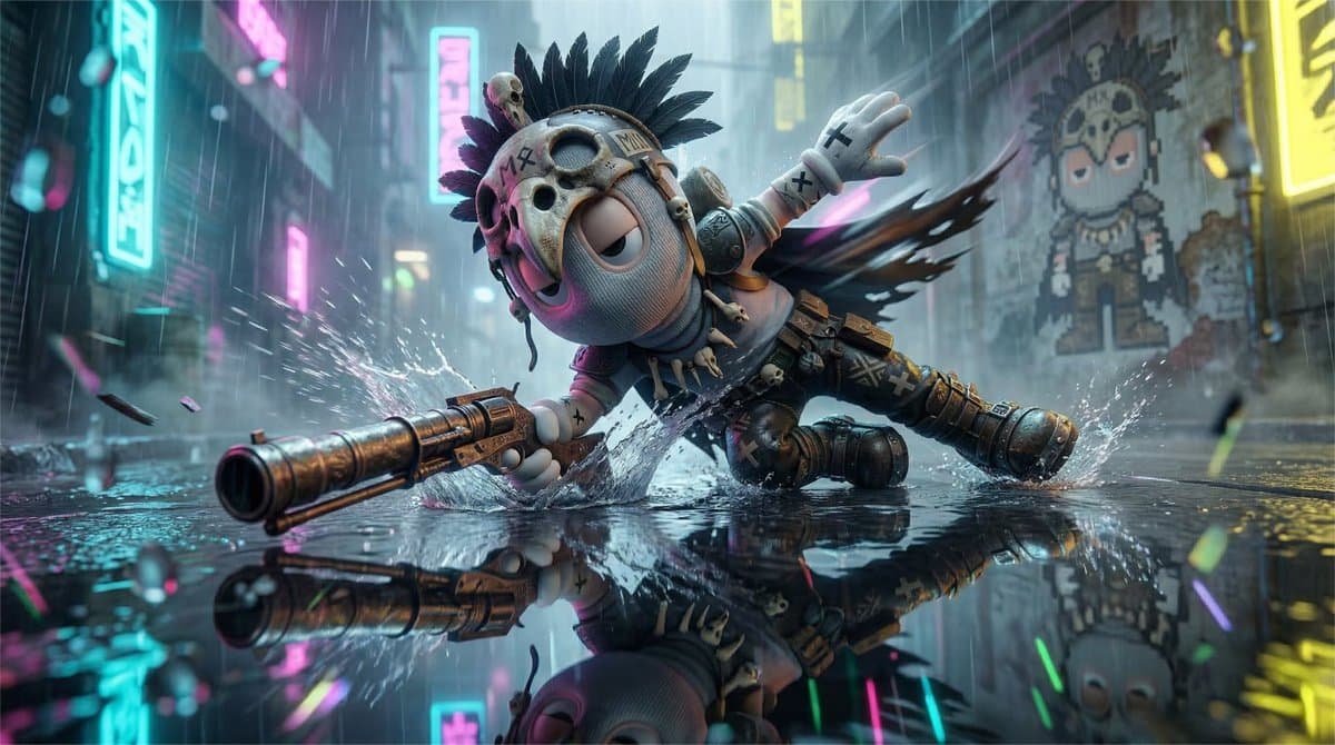 Cyberpunk Speed-Motion Character Slide with Pixel Art Mural
