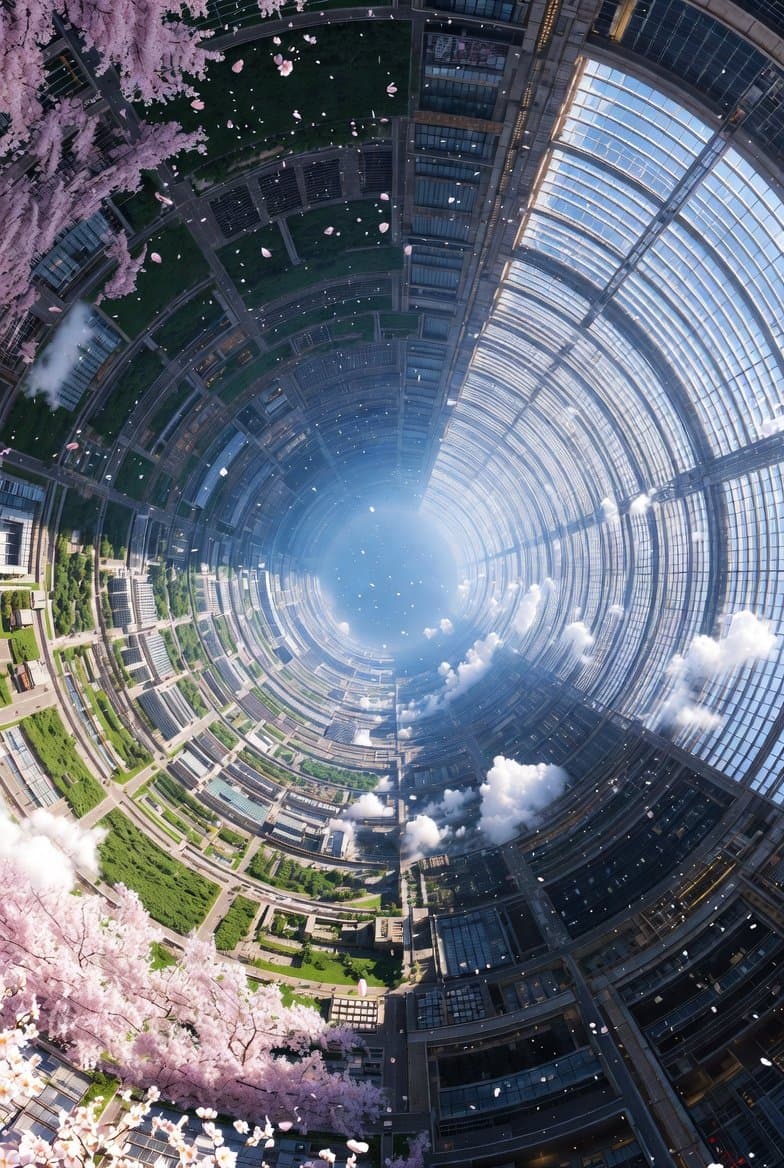Cylindrical Space Colony with Cherry Blossoms