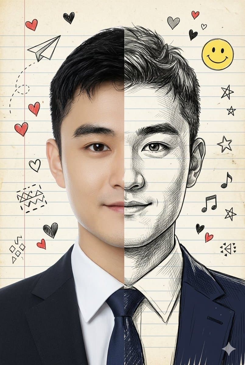 Split-View Portrait: Photo vs. Hand-Drawn Illustration